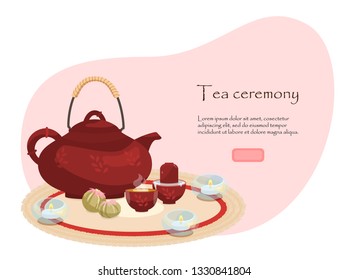 Vector illustration of tea ceremony invitation with place for description.  Earthen tea pot with cups with hot tea on mat.