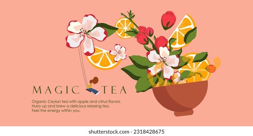 Vector illustration. Tea ceremony. Tea packaging design, green tea, black tea. Isolated vector. Advertising, banner.
