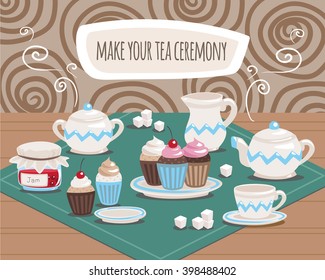 Vector illustration of tea ceremony set with cupcakes and jam on wooden desk. Take the elements and make your tea ceremony.