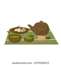 Vector illustration of a tea ceremony. A teapot, a bowl and a bowl of green tea.
