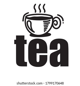 Vector illustration of tea or coffee mugs with the inscription tea, for the menu of restaurants, bars and other, isolated on a white background, black illustration
