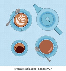 Vector illustration with tea cup, coffee cups and tea pot