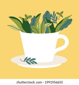 Vector illustration tea cup full of green leaves. Herbal tea.