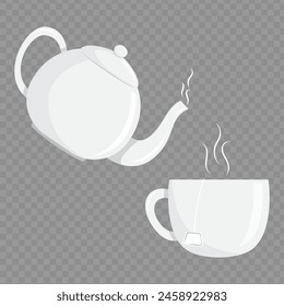 Vector illustration of tea cup and kettle on transparent background