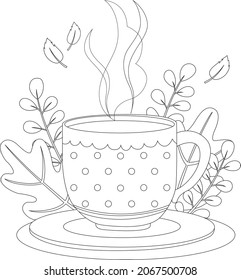 Vector illustration of a tea cup. Cup with leafs design elements with white background. Line art  