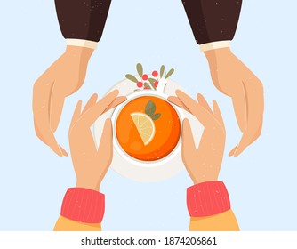 Vector illustration with tea cup, lemon, mint leaves and hands of two people drinking tea. Top view