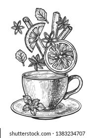 Vector illustration of tea cup set. Cup on saucer with hot drink and levitating herbs ingredients such as leaves, clove, citrus, orange slice, cinnamon, anise. Vintage hand drawn style.
