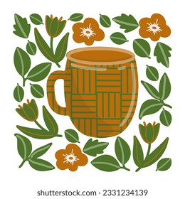 Vector illustration of  tea. A cup surrounded by tea leaves and flowers.