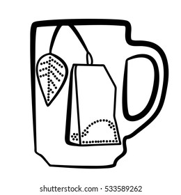 Vector Illustration of tea cup with teabag black and white 