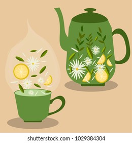 vector illustration of a tea cup and a teapot with chamomile, leaves and lemon on a pastel background