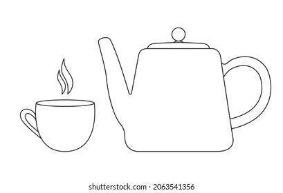 Vector illustration of tea cup with teapot. Black linear art isolated on white background. Outline tea illustration.  