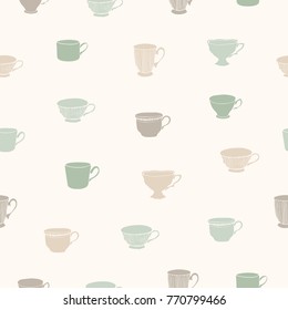 Vector illustration. Tea cups seamless pattern. Paper background. Fabric print.