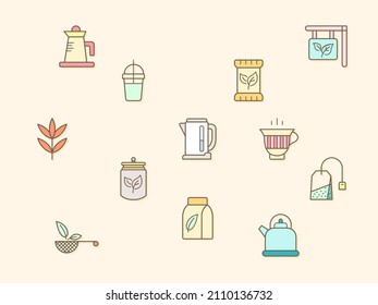 Vector illustration of a tea and drink elements. Contains such as star anise, infusion bags, tea strainer, green tea, nature, herbal, rooibos and more. Flat illustration style line drawing