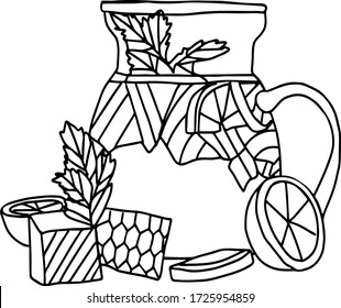 Vector illustration of tea with fragrant herbs. healing drink with honey and lemon. graphic sketch of lemonade.