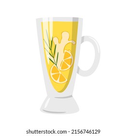 Vector illustration of tea with ginger, citrus and rosemary, isolated on white. Tea in glass mug