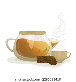 ilustración vectorial, té con hierbas en canica, galletas de chocolate y una taza