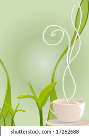 Vector illustration of a tea hot smoking cup with tea leaves