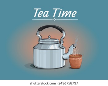 Vector illustration of tea kettle and  clay cups. Indian traditional tea cup and kettle with hot tea Vector. Hand drawing tea time Vector illustration