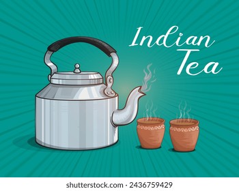 Vector illustration of tea kettle and  clay cups. Indian traditional tea cup and kettle with hot tea hand drawing Vector.