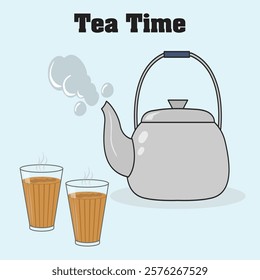 Vector illustration of tea kettle and tea in glass. Indian traditional tea cup and kettle with hot tea Vector.