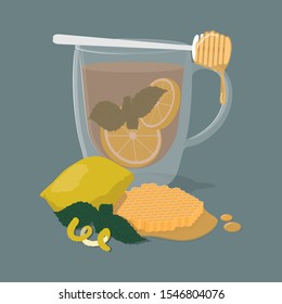 Vector illustration. Tea with lemon and honey