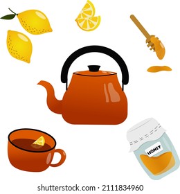 Vector illustration of tea with lemon and honey. Set to Recover against Coronavirus.
It can be used for printing, for stickers, for presentations, posters, etc.