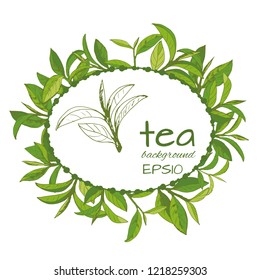 vector illustration with tea logo, hand-drawn leaves and branches of tea