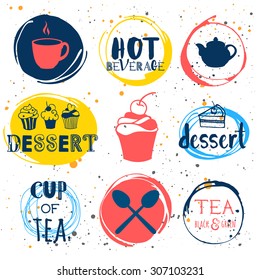 Vector Illustration with tea logo and labels on white background. Funny symbols with cup, spoon and teapot. Traditions of teatime. Decorative elements for your design.