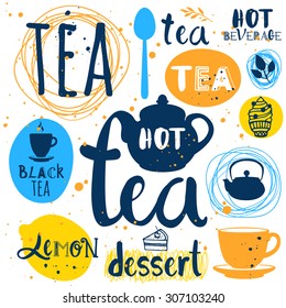 Vector Illustration with tea logo and labels on white background. Funny symbols with cup, spoon and teapot. Traditions of teatime. Decorative elements for your design.