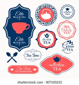 Vector Illustration with tea logo and labels on white background. Simple symbols with cup and teapot. Traditions of teatime. Decorative elements for your design.