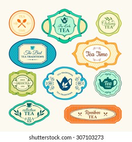 Vector Illustration with tea logo and labels on white background. Simple symbols with cup and teapot. Traditions of teatime. Decorative elements for your design.