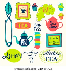 Vector Illustration with tea logo and labels on white background. Funny symbols with cup, spoon and teapot. Traditions of teatime. Decorative elements for your design.