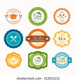 Vector Illustration with tea logo and labels on white background. Simple symbols with cup and teapot. Traditions of teatime. Decorative elements for your design.