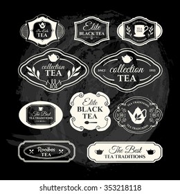 Vector Illustration with tea logo and labels.  Simple symbols with cup and teapot. Traditions of teatime. Decorative elements for your design. Black and white style.