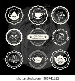 Vector Illustration with tea logo and labels. Simple symbols with cup and teapot. Traditions of teatime. Decorative elements for your design. Black and white style.