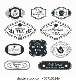 Vector Illustration with tea logo on white background. Simple symbols with cup and teapot. Traditions of teatime. Decorative elements for your design. Black and white.