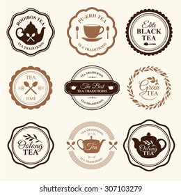 Vector Illustration with tea logo on white background. Simple symbols with cup and teapot. Traditions of teatime. Decorative elements for your design.