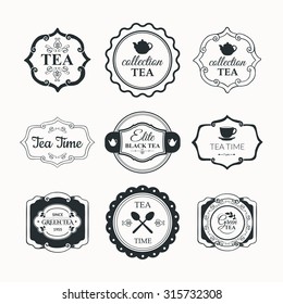 Vector Illustration with tea logo on white background. Simple symbols with cup and teapot. Traditions of teatime. Decorative elements for your design.