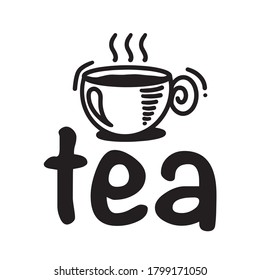Vector illustration of tea mugs with the inscription tea, for the menu of restaurants, bars and others, isolated on a white background