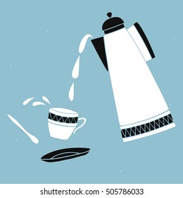 Vector illustration of tea party. Black and white cup, teapot, spoon and saucer on blue background.
