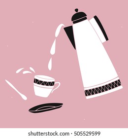 Vector illustration of tea party. Coffee break. Black and white cup, teapot, spoon and saucer on pink background. Tea time vector set. Hand drawn flat illustration for your design.
