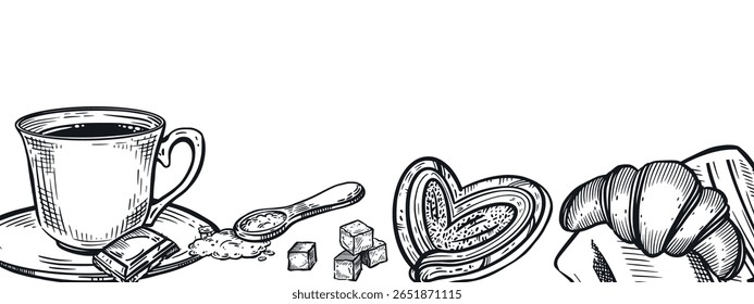 Vector illustration of tea party, cup of tea or black coffee, teaspoon with sugar, sugar cubes, sweet pastry, tablecloth. For printing on fabric, paper, for decorating the interior of a cafe. Vector.