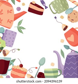 Vector illustration of a tea party frame. Teapots, desserts, cups and glasses. Hand-drawn in cartoon style