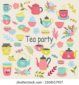 Vector illustration of tea party graphic elements with teapot, cup and flower set and sweets