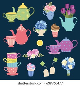 Vector illustration of tea party graphic elements with matching teapot and teacup and flower set.