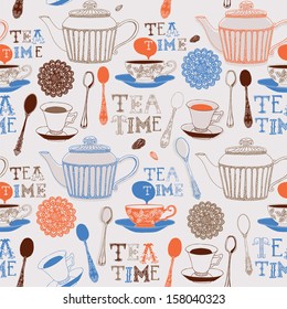 Vector illustration of tea party. Seamless pattern.