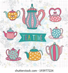 Vector illustration of tea party set. Cute card