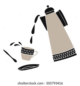 Vector illustration of tea party. Teatime poster. Black and beige cup, teapot, spoon and saucer on white background. Tea time vector set