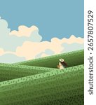 Vector illustration. Tea plantations, India, travel poster, packaging design, cover, banner. Girl harvesting.