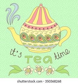 Vector illustration of a tea pot in doodle style.